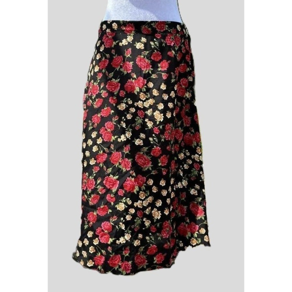 AKF Skirt Black Red Rose Floral Womens Large Rayon Midi Vintage‎ Elastic Waist